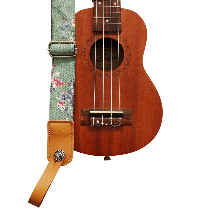 MUSIC FIRST Original Design Vintage Style â€œPlum Flowersâ€ Soft Canvas & Genuine Leather Ukulele Strap Ukulele Shoulder Strap With a Genuine Leather Strap Locker - Image 2